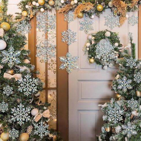 18Pcs Christmas Ornaments Snowflakes Decorations, Iridescent Plastic Snowflakes Hanging Decorations for Winter Holiday Christmas Birthday Party Decoration Supplies in Saudi Arabia