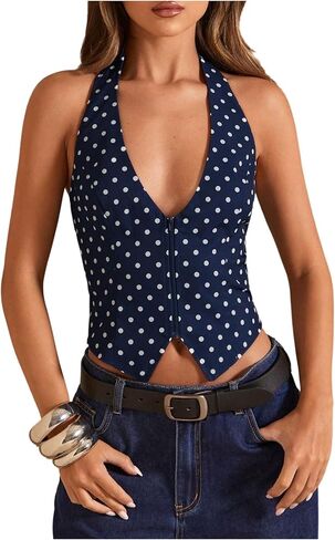 SOLY HUX Women's Vintage Polka Dots Halter Top Summer Lace Up Backless Zipper Party Club Tops in Saudi Arabia