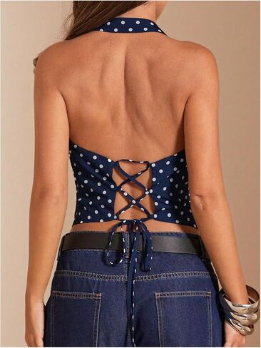 SOLY HUX Women's Vintage Polka Dots Halter Top Summer Lace Up Backless Zipper Party Club Tops in Saudi Arabia