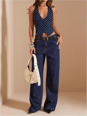 SOLY HUX Women's Vintage Polka Dots Halter Top Summer Lace Up Backless Zipper Party Club Tops in Saudi Arabia