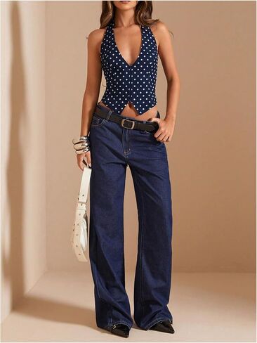 SOLY HUX Women's Vintage Polka Dots Halter Top Summer Lace Up Backless Zipper Party Club Tops in Saudi Arabia