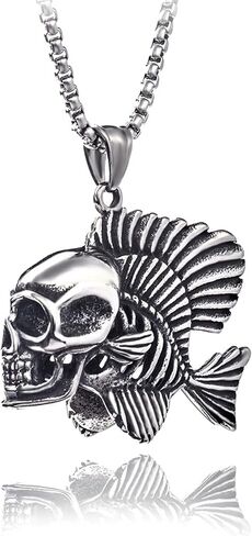 MALOYANVE Stainless Steel Skull Necklace Retro Handmade Gothic Style 3D Lifelike Personalized Skeleton Head Wing Moon Maple Pendant Necklace for Women Halloween Party Jewelry in Saudi Arabia