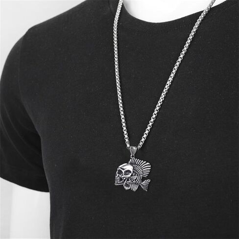 MALOYANVE Stainless Steel Skull Necklace Retro Handmade Gothic Style 3D Lifelike Personalized Skeleton Head Wing Moon Maple Pendant Necklace for Women Halloween Party Jewelry in Saudi Arabia