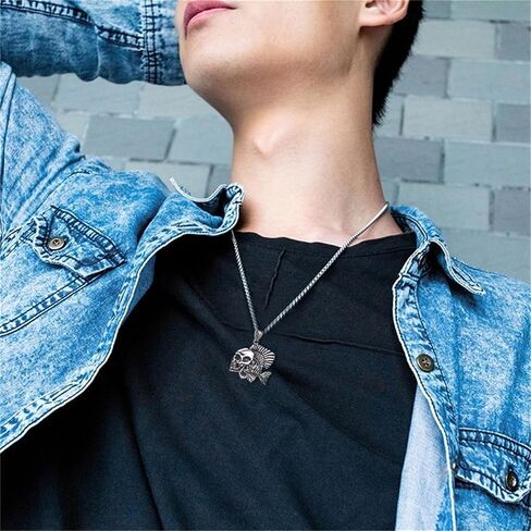 MALOYANVE Stainless Steel Skull Necklace Retro Handmade Gothic Style 3D Lifelike Personalized Skeleton Head Wing Moon Maple Pendant Necklace for Women Halloween Party Jewelry in Saudi Arabia