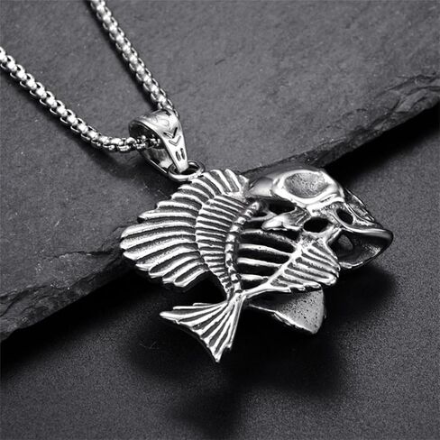 MALOYANVE Stainless Steel Skull Necklace Retro Handmade Gothic Style 3D Lifelike Personalized Skeleton Head Wing Moon Maple Pendant Necklace for Women Halloween Party Jewelry in Saudi Arabia