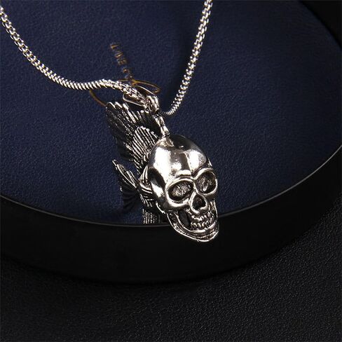 MALOYANVE Stainless Steel Skull Necklace Retro Handmade Gothic Style 3D Lifelike Personalized Skeleton Head Wing Moon Maple Pendant Necklace for Women Halloween Party Jewelry in Saudi Arabia