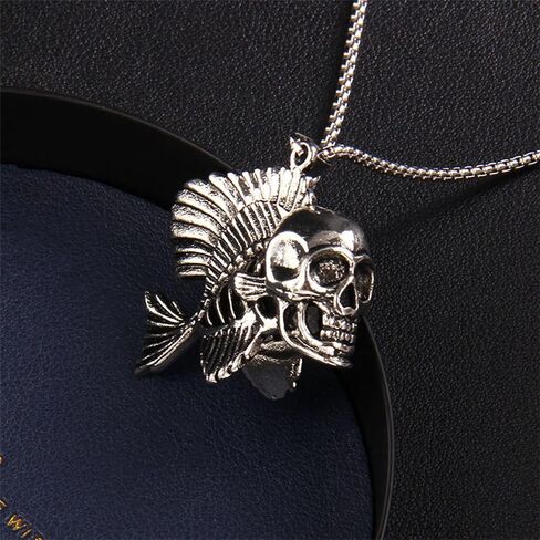 MALOYANVE Stainless Steel Skull Necklace Retro Handmade Gothic Style 3D Lifelike Personalized Skeleton Head Wing Moon Maple Pendant Necklace for Women Halloween Party Jewelry in Saudi Arabia