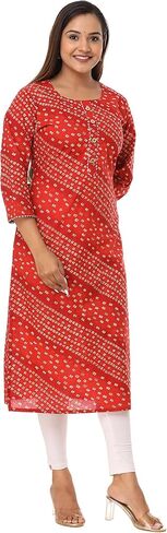 Vi VIHAAN IMPEX Women's Cotton Kurti Red Sanganeri Print Ready to Wear Tops Casual Fall Tops Perfect for Daily Wear in Saudi Arabia
