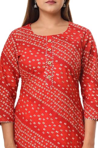 Vi VIHAAN IMPEX Women's Cotton Kurti Red Sanganeri Print Ready to Wear Tops Casual Fall Tops Perfect for Daily Wear in Saudi Arabia