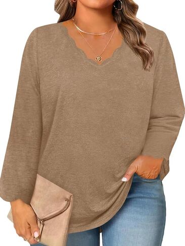Beautife Womens Plus Size Long Sleeve T-Shirts Trendy Casual Scallop Trim V Neck Tunic Tops Curvy Loose Fit Fall Blouse Tees in Kuwait