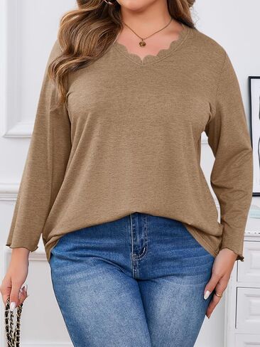 Beautife Womens Plus Size Long Sleeve T-Shirts Trendy Casual Scallop Trim V Neck Tunic Tops Curvy Loose Fit Fall Blouse Tees in Kuwait