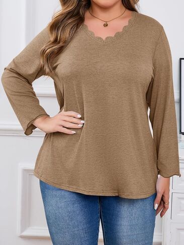 Beautife Womens Plus Size Long Sleeve T-Shirts Trendy Casual Scallop Trim V Neck Tunic Tops Curvy Loose Fit Fall Blouse Tees in Kuwait