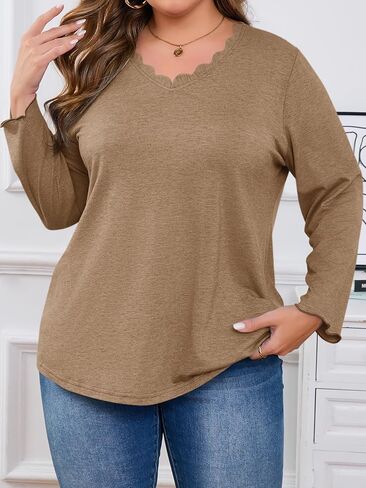 Beautife Womens Plus Size Long Sleeve T-Shirts Trendy Casual Scallop Trim V Neck Tunic Tops Curvy Loose Fit Fall Blouse Tees in Kuwait