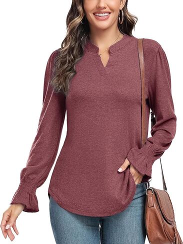 Women's Fashion Long Sleeve Tunic top Casual Loose Diamond V Neck Daily Work Shirts in Kuwait