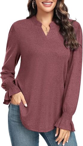 Women's Fashion Long Sleeve Tunic top Casual Loose Diamond V Neck Daily Work Shirts in Kuwait