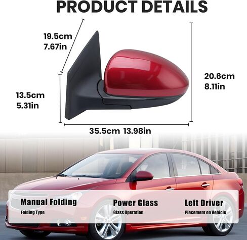 Left Driver Side Mirror Compatible with Chevrolet Chevy Cruze 2011-2015 Power Glass Manual Folding without Heated without Turn Signal Replace GM1320420 3 Pins (Silver Gray) in Kuwait