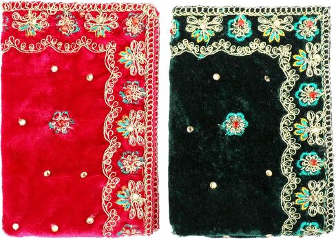 Set of 2 Velvet Mat Aasan Pooja Cloth for Multipurpose Indian Traditional Pooja Festival Laxmmi Poojan Diwali Decorations Item and Pooja Article Yellow Laxmi(Size:-12 Inches X 8 Inches)(Pink,Green) in Saudi Arabia
