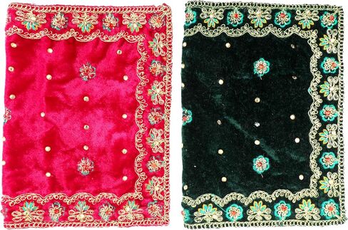 Set of 2 Velvet Mat Aasan Pooja Cloth for Multipurpose Indian Traditional Pooja Festival Laxmmi Poojan Diwali Decorations Item and Pooja Article Yellow Laxmi(Size:-12 Inches X 8 Inches)(Pink,Green) in Saudi Arabia