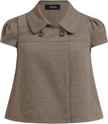 CIDER Houndstooth زر أسفل قميص المرأة الياقة قصيرة الأكمام بلوزة بيتر بان طوق المتضخم تناسب طول منتظم in Saudi Arabia