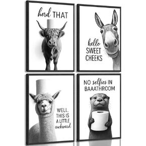 Funny Bathroom Wall Art Set of 4 Black and White Bathroom Wall Decor Toilet Paper Pictures Cute Humorous Animal Posters Prints Toilet Signs Painting Artwork Decoration 8x10in Unframed in Saudi Arabia