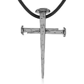 Nail Cross Necklace Sterling Silver 925 – Christian Three Nails Crucifixion Pendant for Men | Handmade in Jerusalem with Oxidized Antique Finish & Leather Cord in Saudi Arabia
