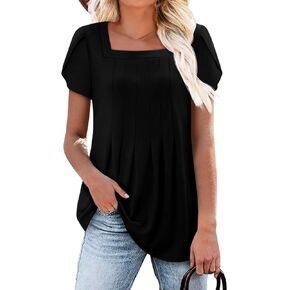 Magritta Womens Blouses Casual Baby Doll Tops Boho Square Neck Short Sleeve Pleated Tshirts Loose Fit Dressy Tunic Shirts in Kuwait
