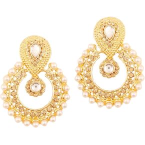 Touchstone Indian Bollywood Chandbali Moon Kundan Polki Look Rhinestones Long Bridal Designer Jewelry Chandelier Earrings For Women In Gold Tone in Kuwait