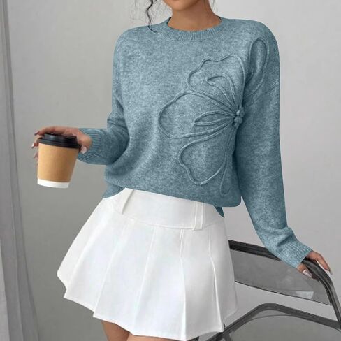 Crew Neck Pullover Sweater for Women Loose Fit Knit Floral Sweater Long Sleeve Cute Fall Oversized Tops Pullover 2025 in Saudi Arabia