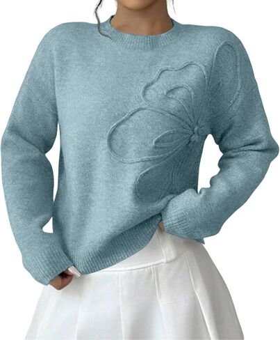 Crew Neck Pullover Sweater for Women Loose Fit Knit Floral Sweater Long Sleeve Cute Fall Oversized Tops Pullover 2025 in Saudi Arabia