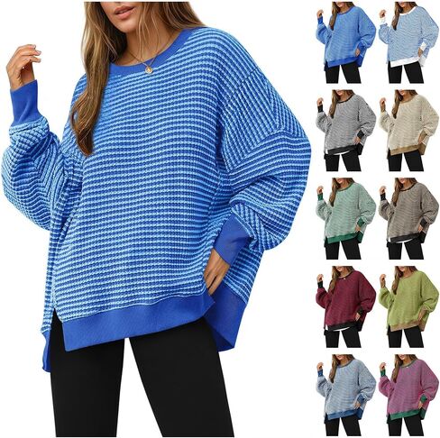 المرأة الهراء متماسكة مخطط البلوز المتضخم طويلة الأكمام Crewneck سبليت البلوز تونك القمم العصرية Y2k وتتسابق in Saudi Arabia