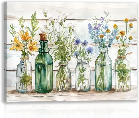 WLHARTT Rustic Bathroom Wall Decor, Green Flower Watercolor Bottles Wall Art, Farmhouse Country Floral Retro Wood Boards Canvas Painting Prints for Bathroom, Bedroom Framed Ready to Hang 16"x12" in Saudi Arabia