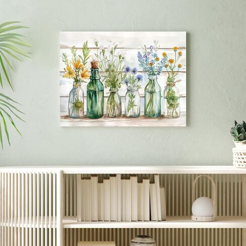 WLHARTT Rustic Bathroom Wall Decor, Green Flower Watercolor Bottles Wall Art, Farmhouse Country Floral Retro Wood Boards Canvas Painting Prints for Bathroom, Bedroom Framed Ready to Hang 16"x12" in Saudi Arabia