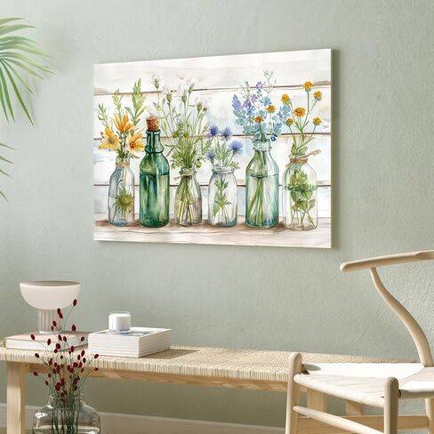 WLHARTT Rustic Bathroom Wall Decor, Green Flower Watercolor Bottles Wall Art, Farmhouse Country Floral Retro Wood Boards Canvas Painting Prints for Bathroom, Bedroom Framed Ready to Hang 16"x12" in Saudi Arabia