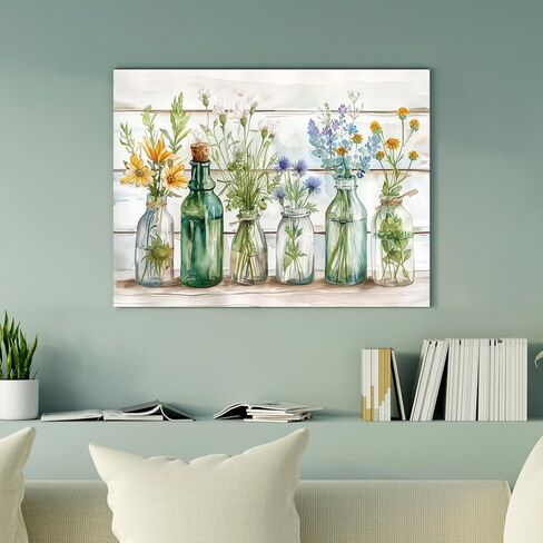 WLHARTT Rustic Bathroom Wall Decor, Green Flower Watercolor Bottles Wall Art, Farmhouse Country Floral Retro Wood Boards Canvas Painting Prints for Bathroom, Bedroom Framed Ready to Hang 16"x12" in Saudi Arabia
