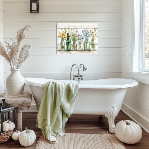 WLHARTT Rustic Bathroom Wall Decor, Green Flower Watercolor Bottles Wall Art, Farmhouse Country Floral Retro Wood Boards Canvas Painting Prints for Bathroom, Bedroom Framed Ready to Hang 16"x12" in Saudi Arabia