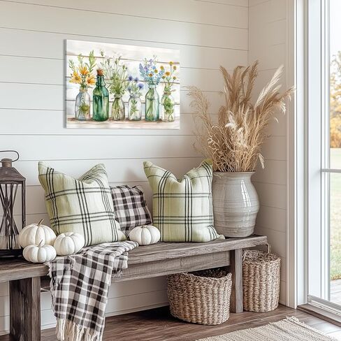 WLHARTT Rustic Bathroom Wall Decor, Green Flower Watercolor Bottles Wall Art, Farmhouse Country Floral Retro Wood Boards Canvas Painting Prints for Bathroom, Bedroom Framed Ready to Hang 16"x12" in Saudi Arabia