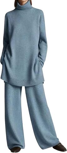 chouyatou Women's Casual 2 Piece Outfits Turtleneck Knitted Sweater Wide Leg Pants Set in Saudi Arabia