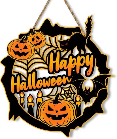 Britimes Happy Halloween Pumpkin Door Sign for Front Door Decor, Farmhouse Halloween Wall Decoration, Spooky Bat Black Cat Wooden Hanging Plaque for Home Porch Yard Outdoor Decor in Saudi Arabia