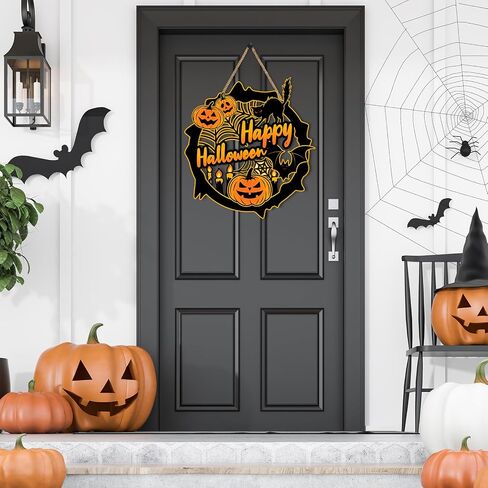 Britimes Happy Halloween Pumpkin Door Sign for Front Door Decor, Farmhouse Halloween Wall Decoration, Spooky Bat Black Cat Wooden Hanging Plaque for Home Porch Yard Outdoor Decor in Saudi Arabia