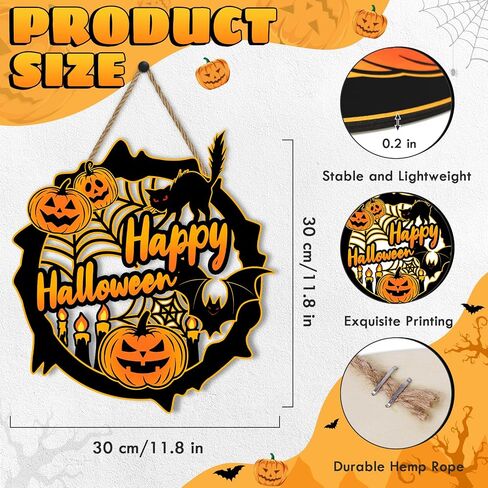 Britimes Happy Halloween Pumpkin Door Sign for Front Door Decor, Farmhouse Halloween Wall Decoration, Spooky Bat Black Cat Wooden Hanging Plaque for Home Porch Yard Outdoor Decor in Saudi Arabia