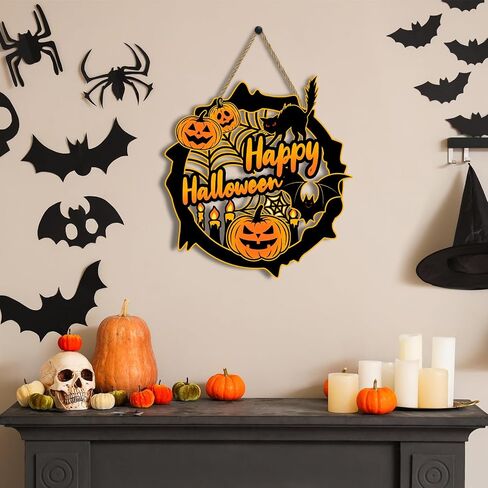 Britimes Happy Halloween Pumpkin Door Sign for Front Door Decor, Farmhouse Halloween Wall Decoration, Spooky Bat Black Cat Wooden Hanging Plaque for Home Porch Yard Outdoor Decor in Saudi Arabia