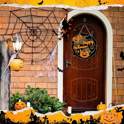 Britimes Happy Halloween Pumpkin Door Sign for Front Door Decor, Farmhouse Halloween Wall Decoration, Spooky Bat Black Cat Wooden Hanging Plaque for Home Porch Yard Outdoor Decor in Saudi Arabia