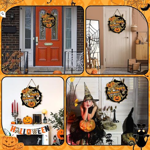 Britimes Happy Halloween Pumpkin Door Sign for Front Door Decor, Farmhouse Halloween Wall Decoration, Spooky Bat Black Cat Wooden Hanging Plaque for Home Porch Yard Outdoor Decor in Saudi Arabia