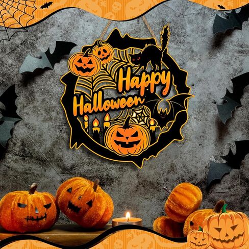 Britimes Happy Halloween Pumpkin Door Sign for Front Door Decor, Farmhouse Halloween Wall Decoration, Spooky Bat Black Cat Wooden Hanging Plaque for Home Porch Yard Outdoor Decor in Saudi Arabia