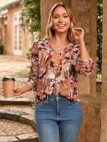 Simplee Womens Work Business Casual Tops Fall Long Sleeve Dressy Boho Floral Blouse 2025 Trendy Shirts in Saudi Arabia