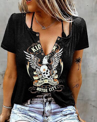 تي شيرت نسائي عتيق لحفلات موسيقى الروك رول قميص فضفاض غير رسمي تي شيرت مضحك بهيكل عظمي النسر ورقبة على شكل حرف V وأكمام قصيرة in Kuwait