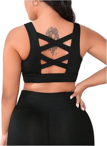OYOANGLE Women's Plus Size Solid Criss Cross Crew Neck Backless Sports Bra in Saudi Arabia