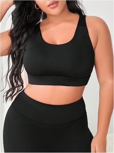 OYOANGLE Women's Plus Size Solid Criss Cross Crew Neck Backless Sports Bra in Saudi Arabia