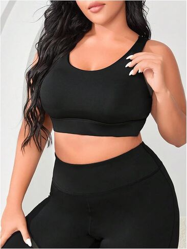 OYOANGLE Women's Plus Size Solid Criss Cross Crew Neck Backless Sports Bra in Saudi Arabia
