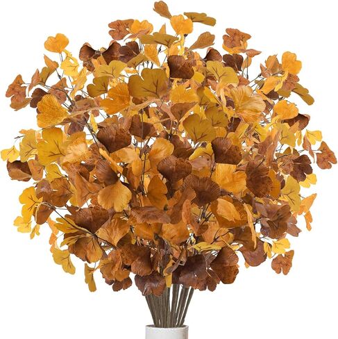 6 قطع من أوراق الجنكة الاصطناعية الخريفية سيقان الخريف الخضراء وسيقان أوراق الخريف رذاذ للمزهريات المنزلية لتزيين طاولات عيد الشكر in Kuwait